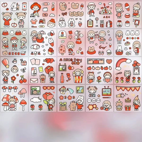 Super 100Pcs Stickers Anime Figure Pattern Decorative PET Cartoon Character Decals for Scrapbook Red