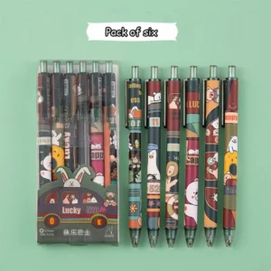 6PCS Set Cute Lucky Kawaii Cartoon Black Ink Ball Point Pens