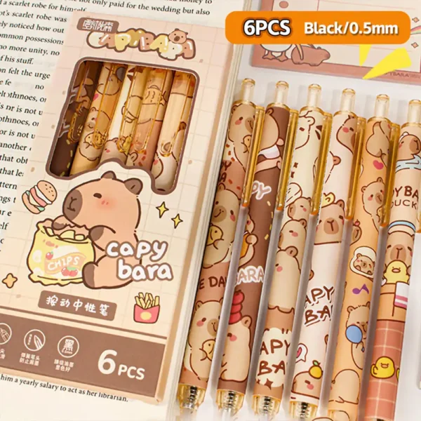 6Pcs Cute Capybara Gel Pens Kawaii Pen Set Quickly-Drying Black Er