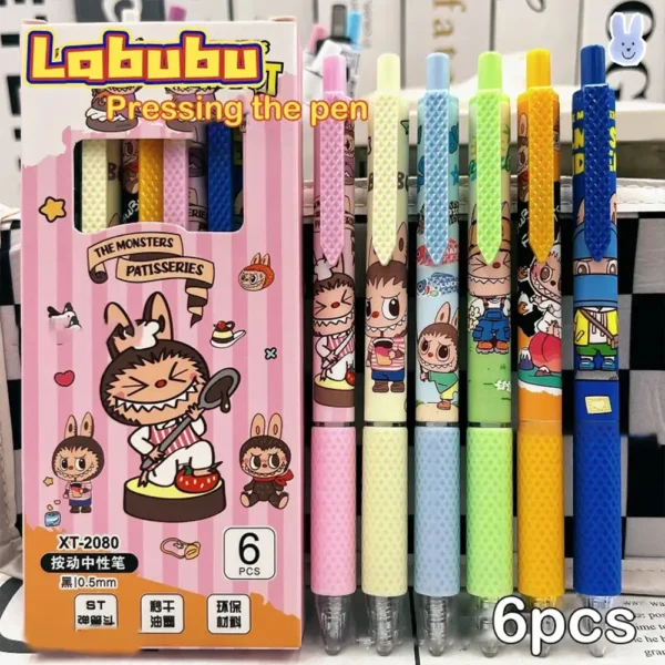 6 Pieces Box Kawaii Labubu Monster Cartoon Black Ink Ballpoint Pens Journaling Student Stationery Set School, Gifts, Artists P1