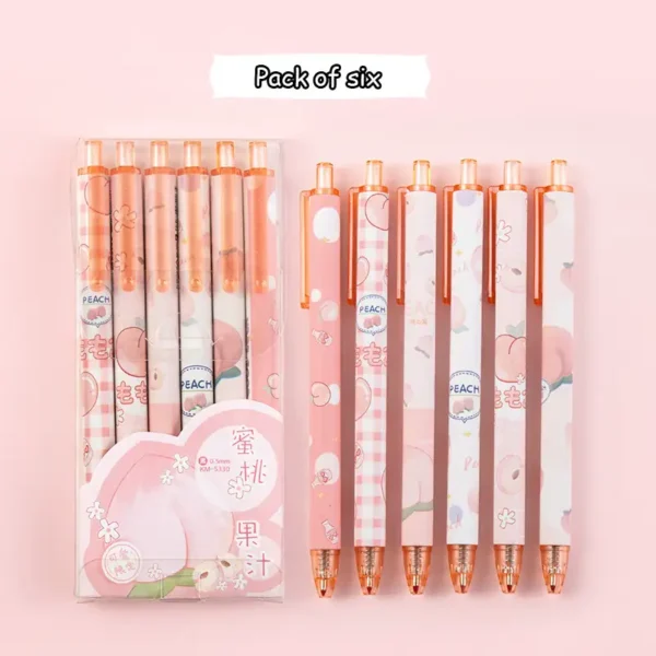 6PCS Pens Set Cute Peach Kawaii Black Ink