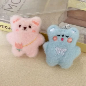 Kawaii Plush Cartoon Bear Keychain Pink & Blue Cute Embroidered Pendant for School Bag, Keyrings & Backpack Decoration Gift for Friends