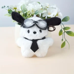 Kawaii Pilot Dog Keychains Plushies Sanrio Keychain Cute Pochacco Bow Keyring Car Mirror Decoration Bag Pendant Gift